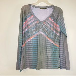 Prana geometric tribal multicolor long sleeve V-Neck shirt, Large